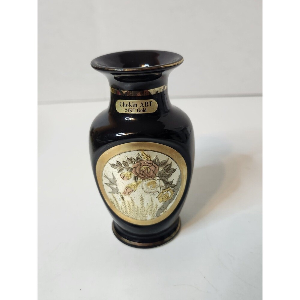 Chokin Art Vase Japan Black Gold 24K Trim Vintage Asian Decor 4.5"